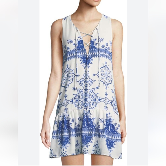 Lovers + Friends Blue & White Temple Mini Dress, Size L - Picture 1 of 16